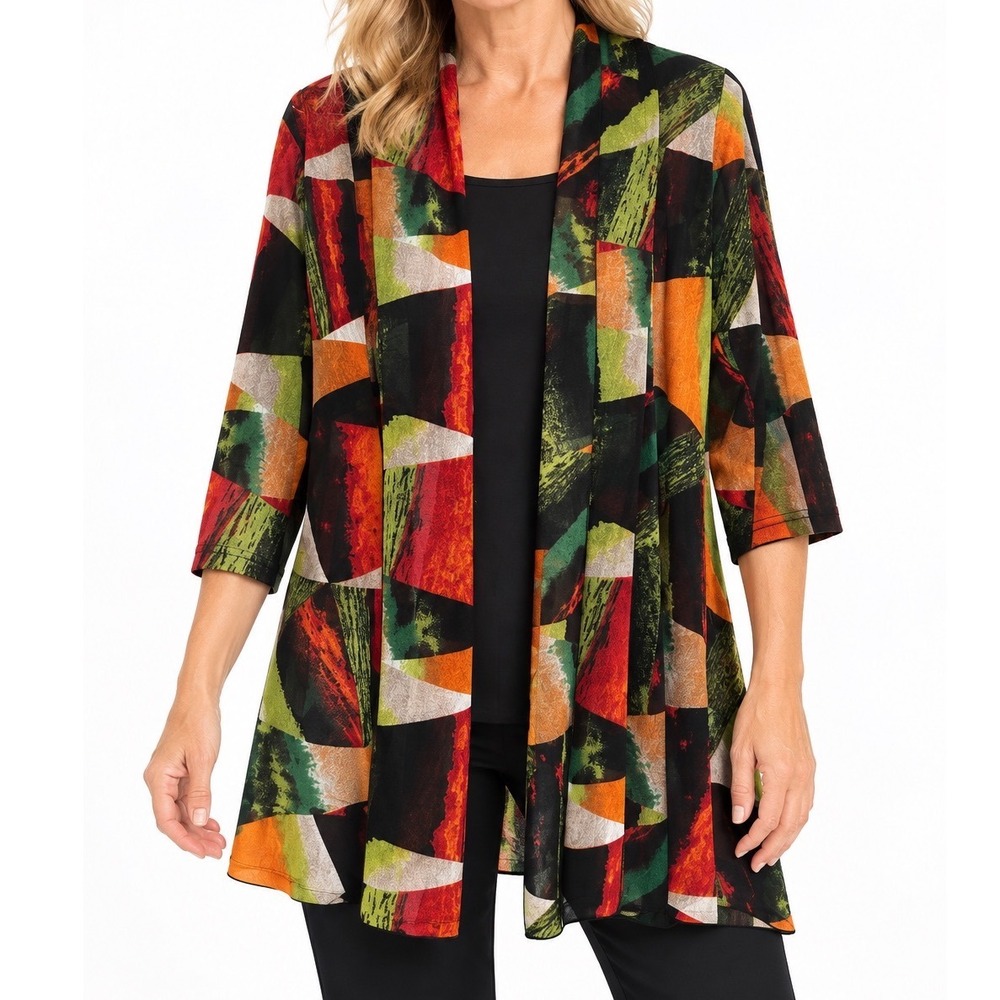 Creation Womens Open Front Cardigan M Multicolor Geometric Abstract Sheer Mesh